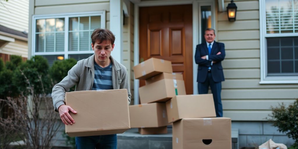 Tenant with boxes facing landlord outside home.