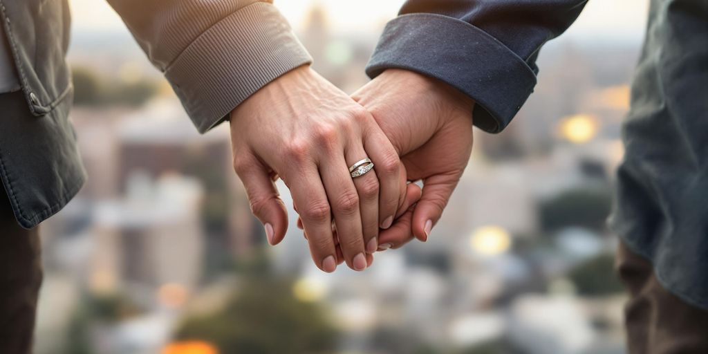 Couple holding hands with wedding rings in cityscape.