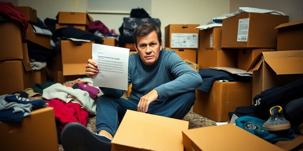 Distressed tenant surrounded by boxes, looking worried.